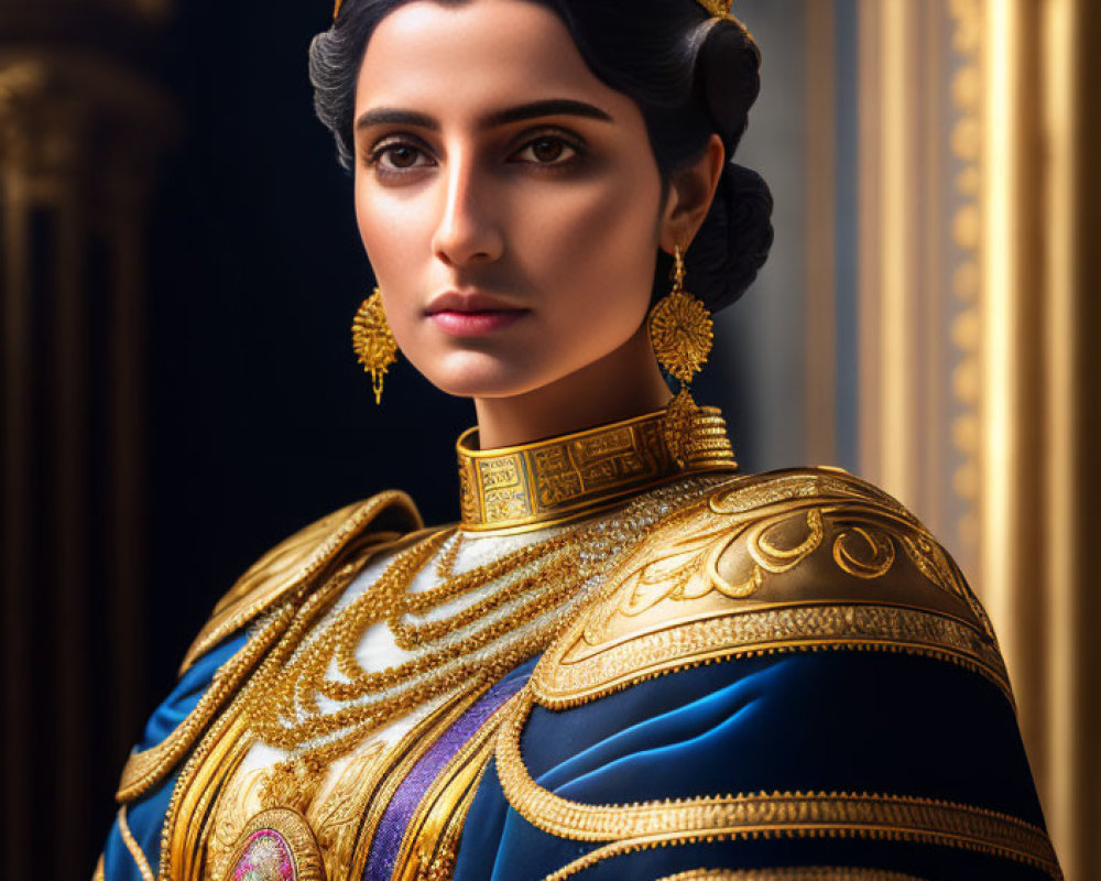 Regal woman in blue and gold military uniform with crown and medals