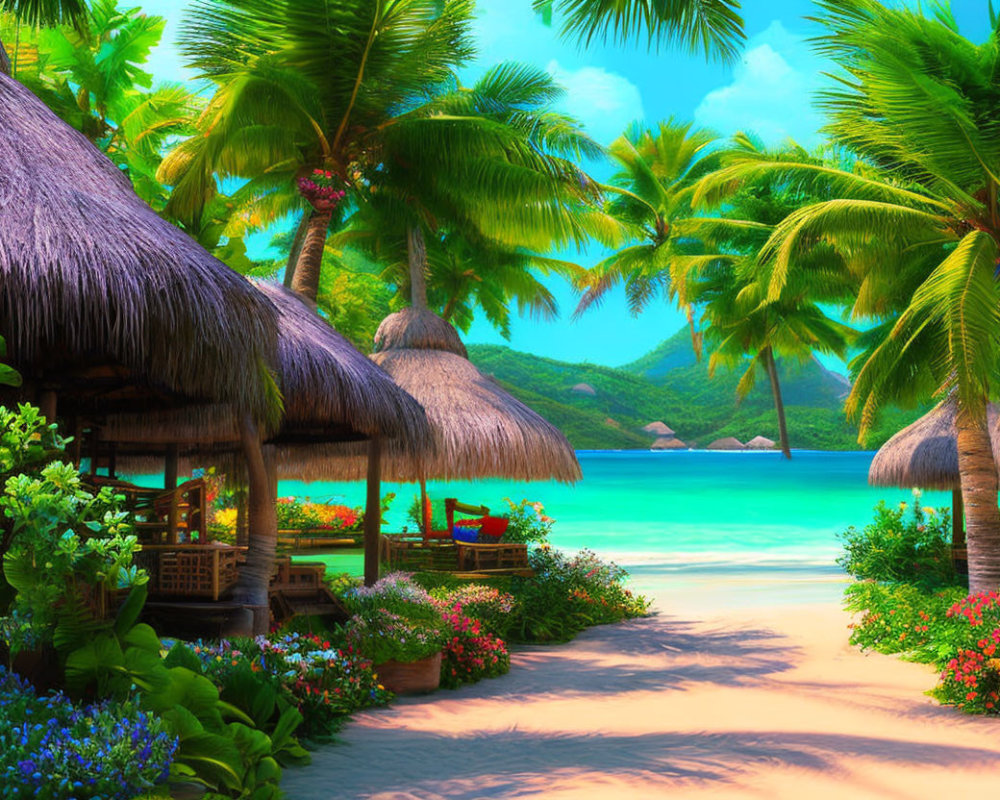 Tropical beach scene with thatched huts, palm trees, flowers, and blue ocean