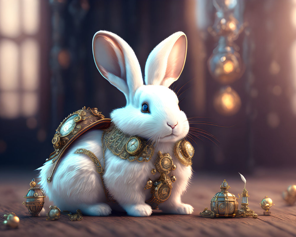 White Rabbit in Golden Armor Surrounded by Baubles and Lights
