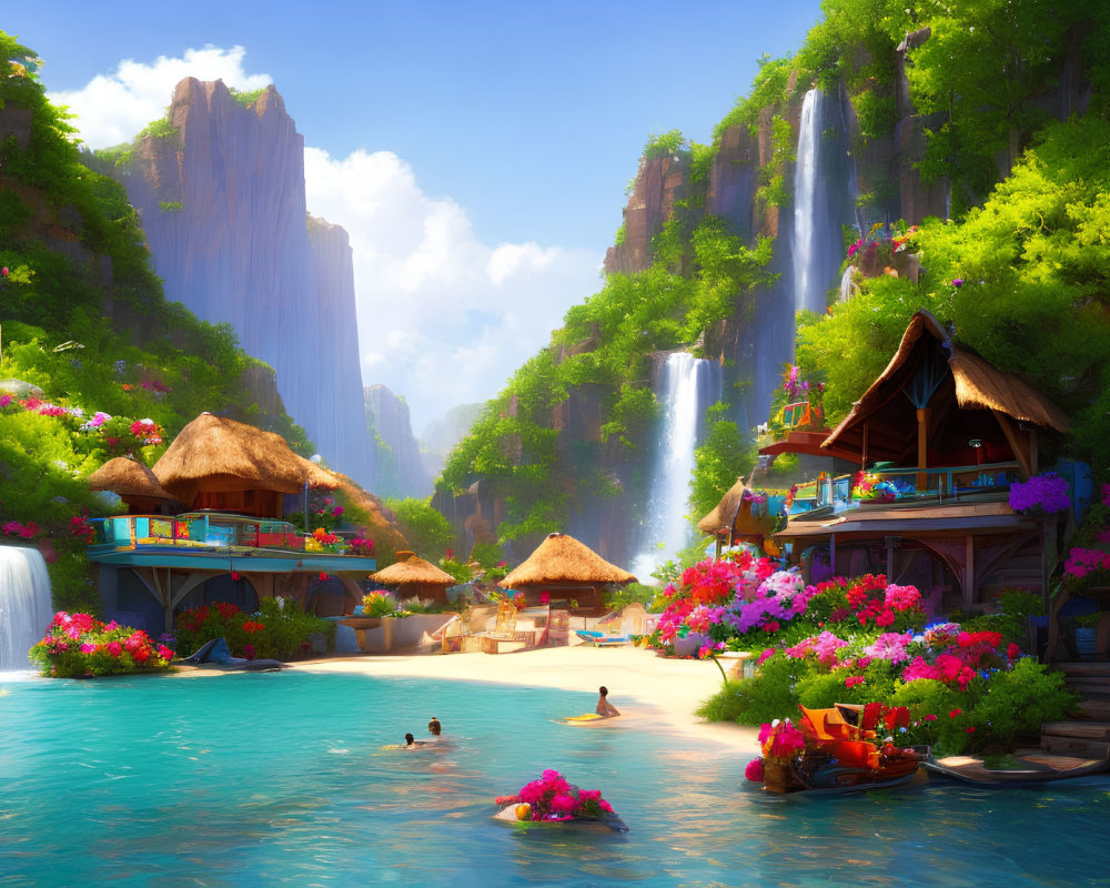 Tropical Paradise with Thatched Huts, Waterfalls, and Lagoon