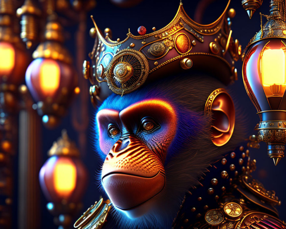 Colorful Digital Artwork: Mandrill in Crown & Jewelry with Vintage Lanterns