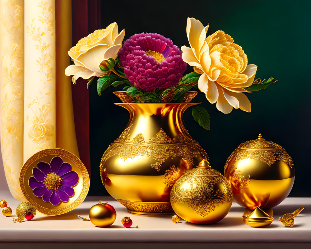 Ornate golden vase with vibrant flowers and decorative balls on dark background