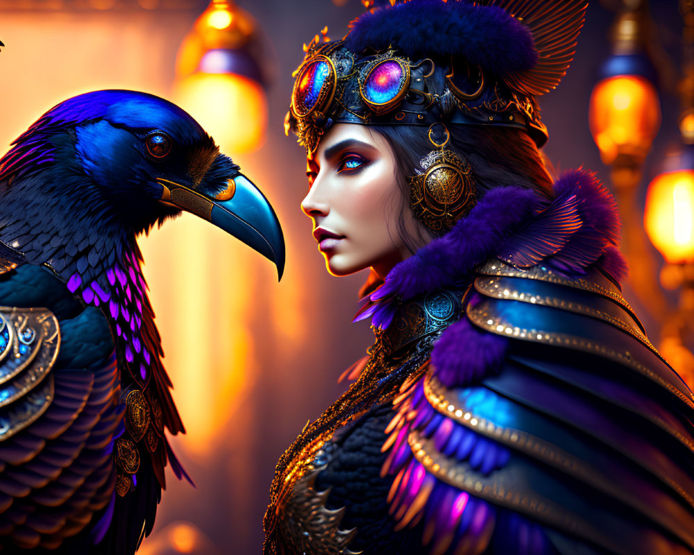 Colorful digital art: Woman in raven armor with headdress, gazing at adorned raven