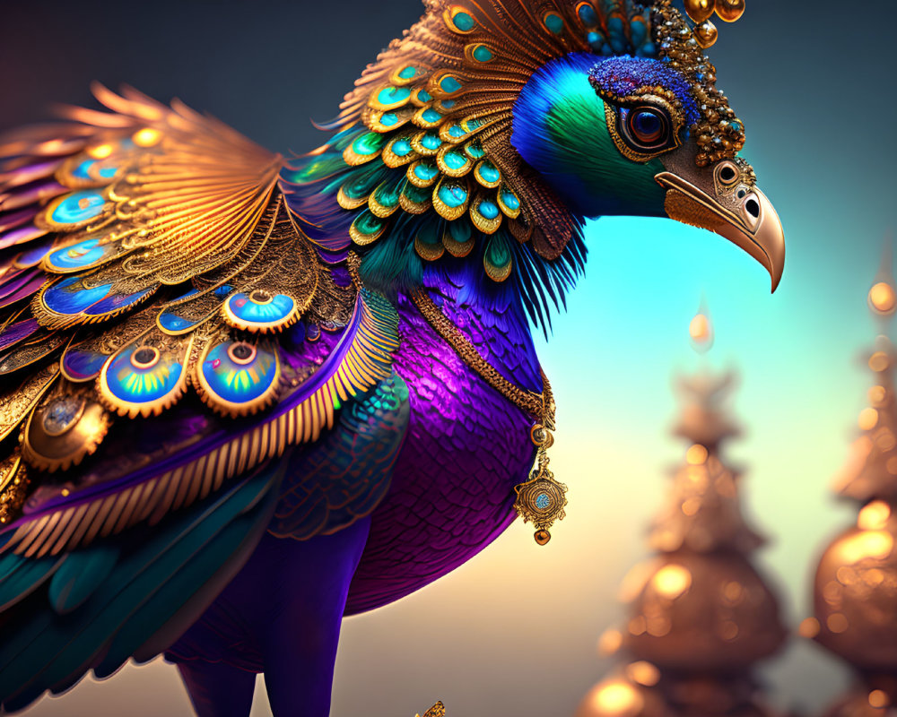 Colorful Stylized Peacock with Ornate Feathers on Gradient Background