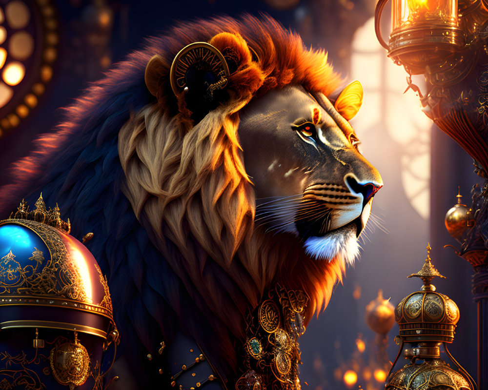 Majestic lion with ornate headdress and golden ornaments.