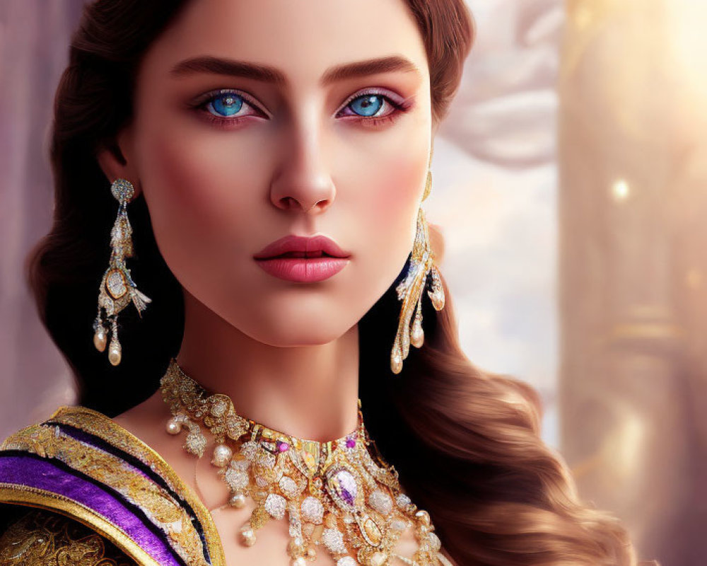 Regal woman digital artwork with blue eyes and gold crown