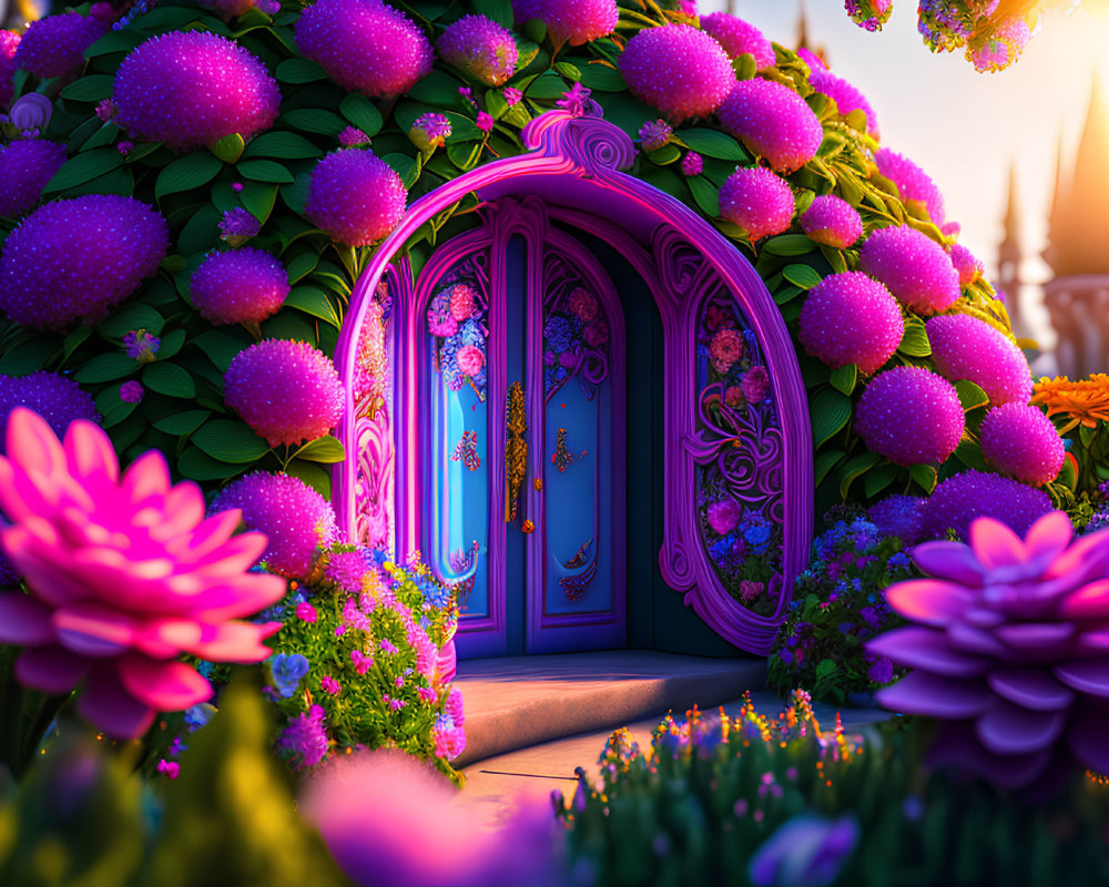 Fantasy scene with whimsical purple door and colorful flora