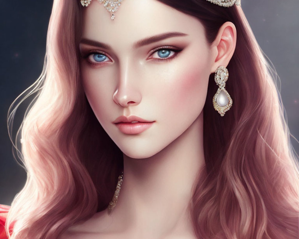 Portrait of a woman with pink hair, blue eyes, jeweled crown, and earrings