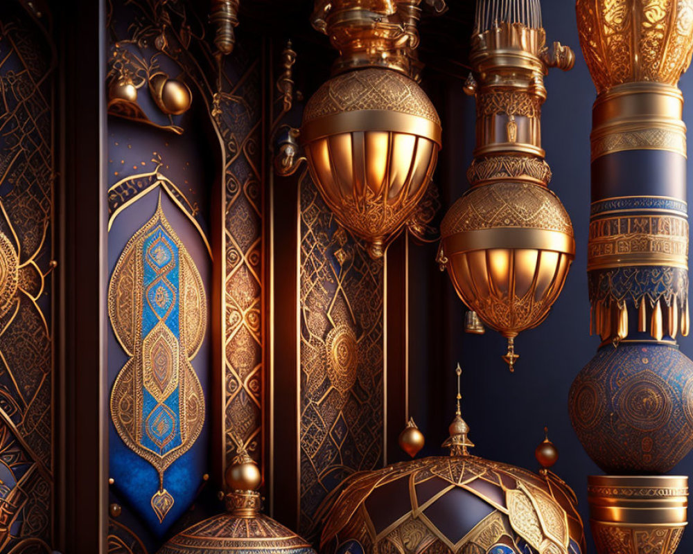Luxurious Golden Ornamental Objects on Dark Background with Blue Designs
