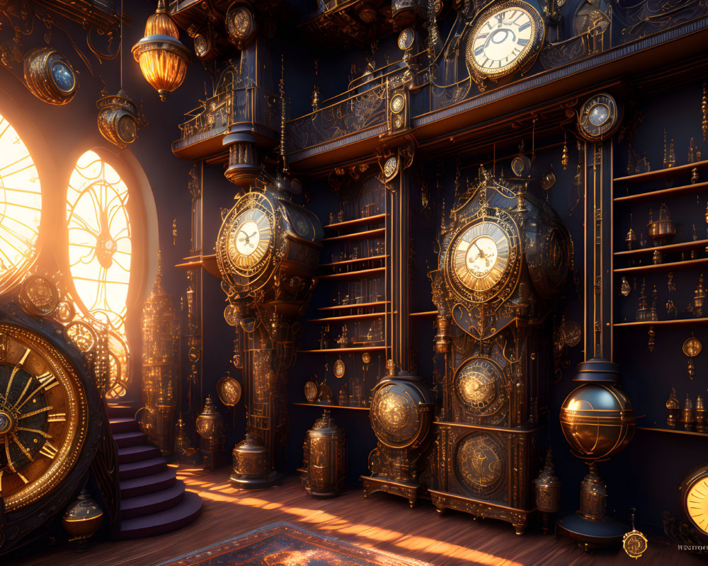 Intricate Clocks and Gears in Ornate Room at Sunset