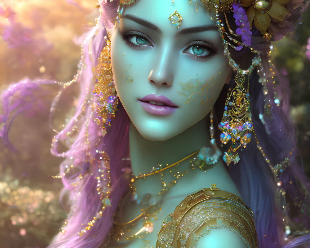 Fantasy female character with violet hair and golden jewelry in magical forest.