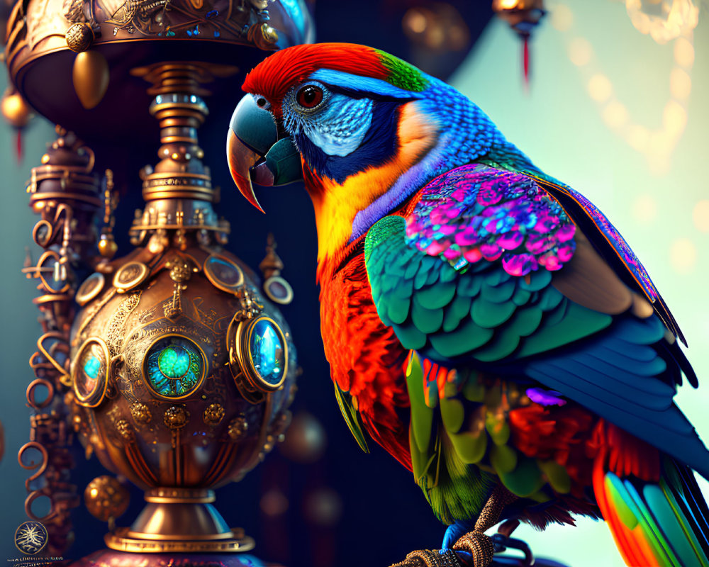 Colorful Macaw and Ornate Metallic Spheres with Glowing Elements