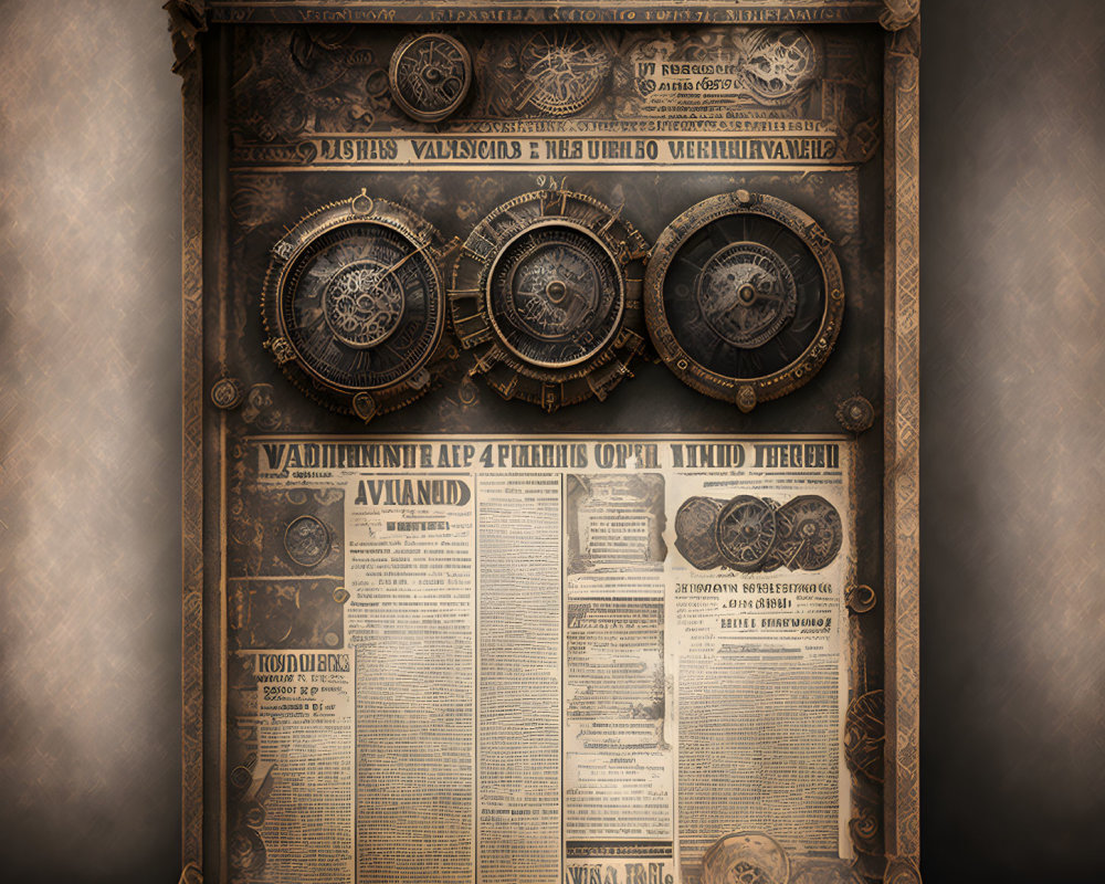 Vintage steampunk poster with old-style typography, gears, and mechanical elements on textured sepia background