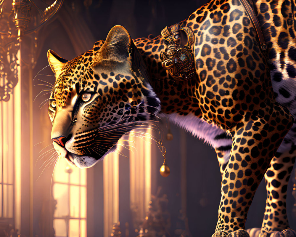 Digital artwork: Leopard with decorative harness in ornate, golden-hued room