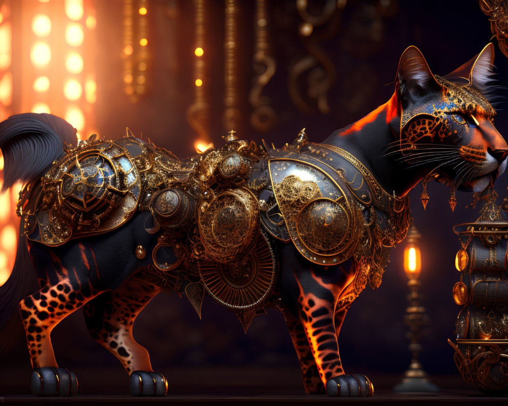 Armored cat with golden metalwork in fantasy temple setting