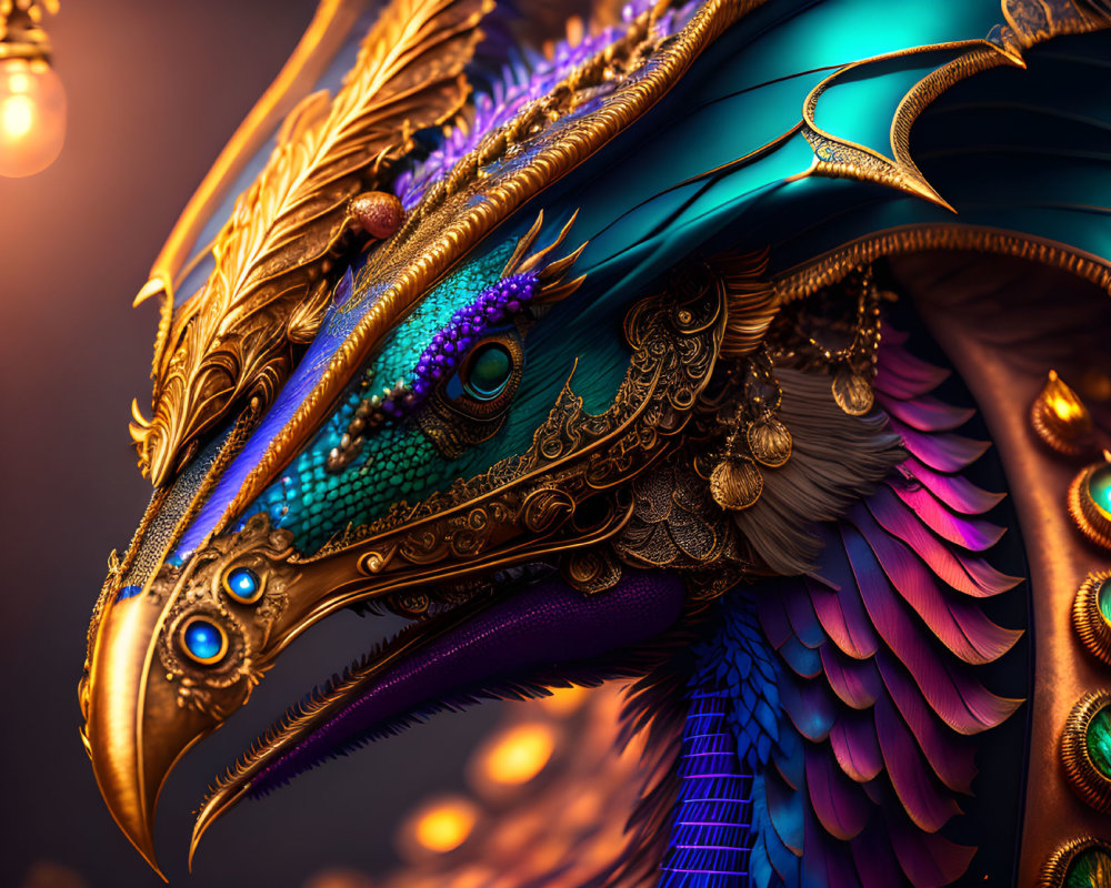 Detailed artistic rendering of a majestic, fantastical bird with vibrant peacock-like feathers and golden ornamentation