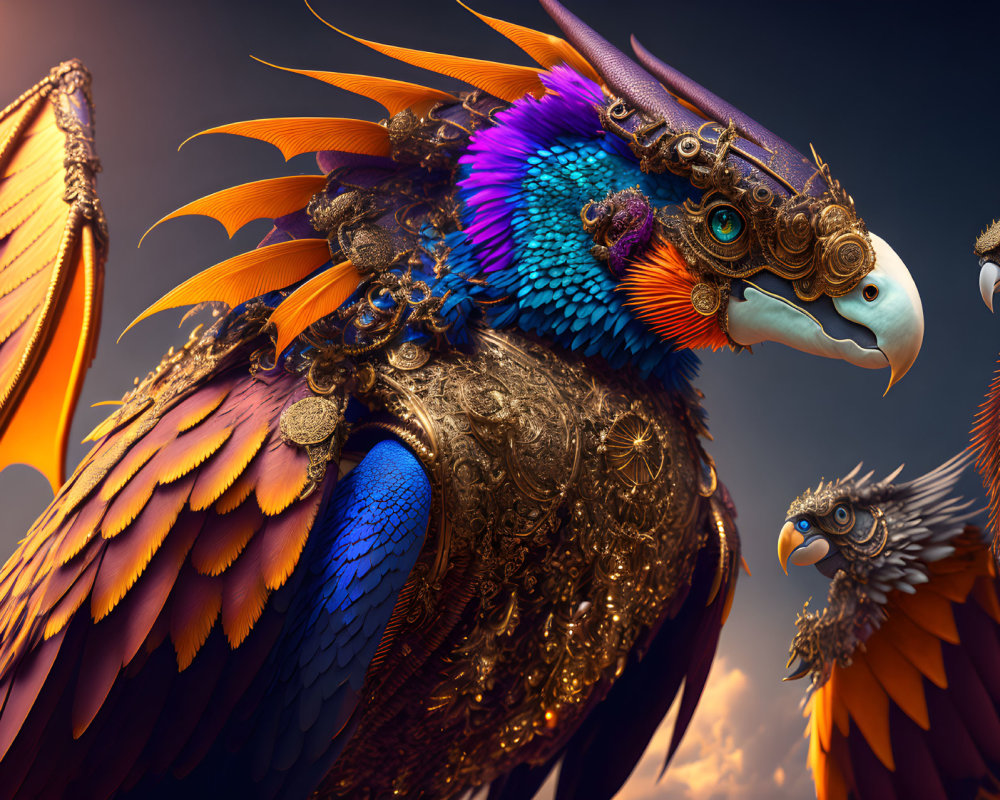 Colorful Mechanical Phoenix Artwork with Orange, Blue, and Purple Feathers