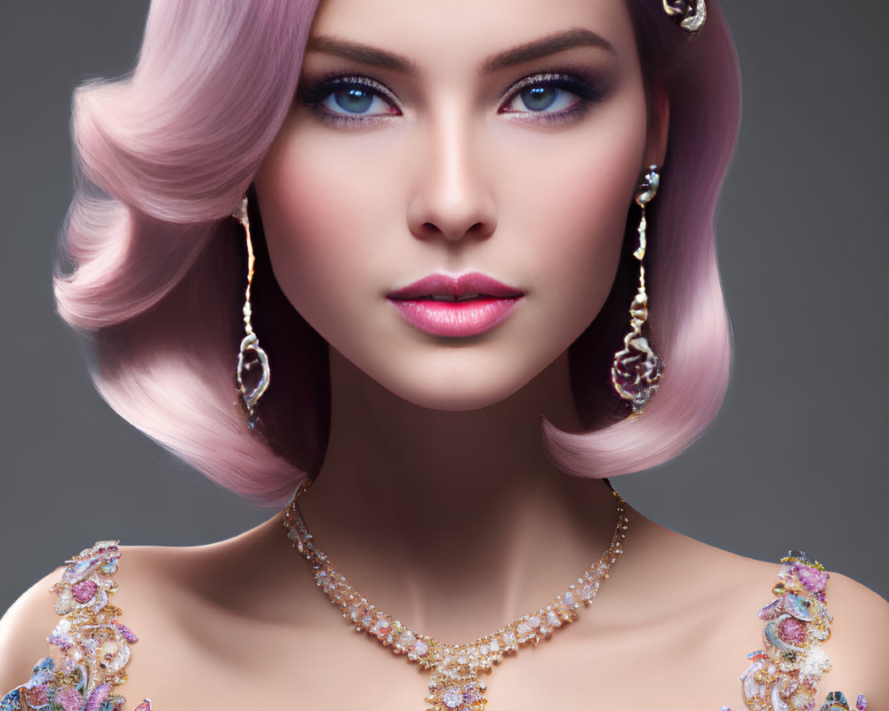 Woman with Pastel Pink Hair and Blue Eyes in Golden Jewelry and Sequined Dress