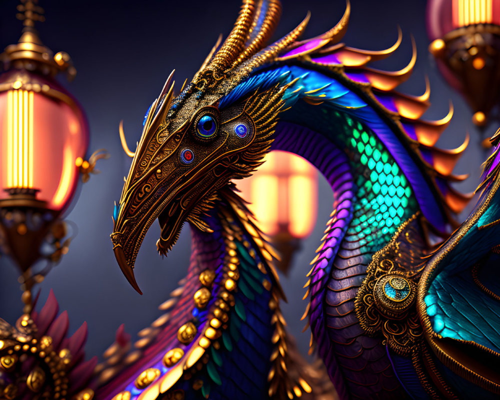 Mythological dragon with iridescent scales and golden adornments