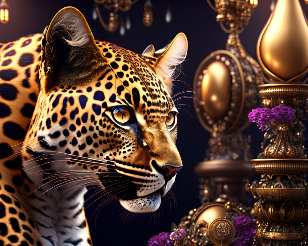 Detailed Leopard Artwork with Golden Ornaments and Purple Flowers