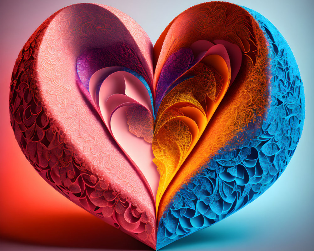 Colorful 3D heart with blue to red gradient and intricate paper art patterns