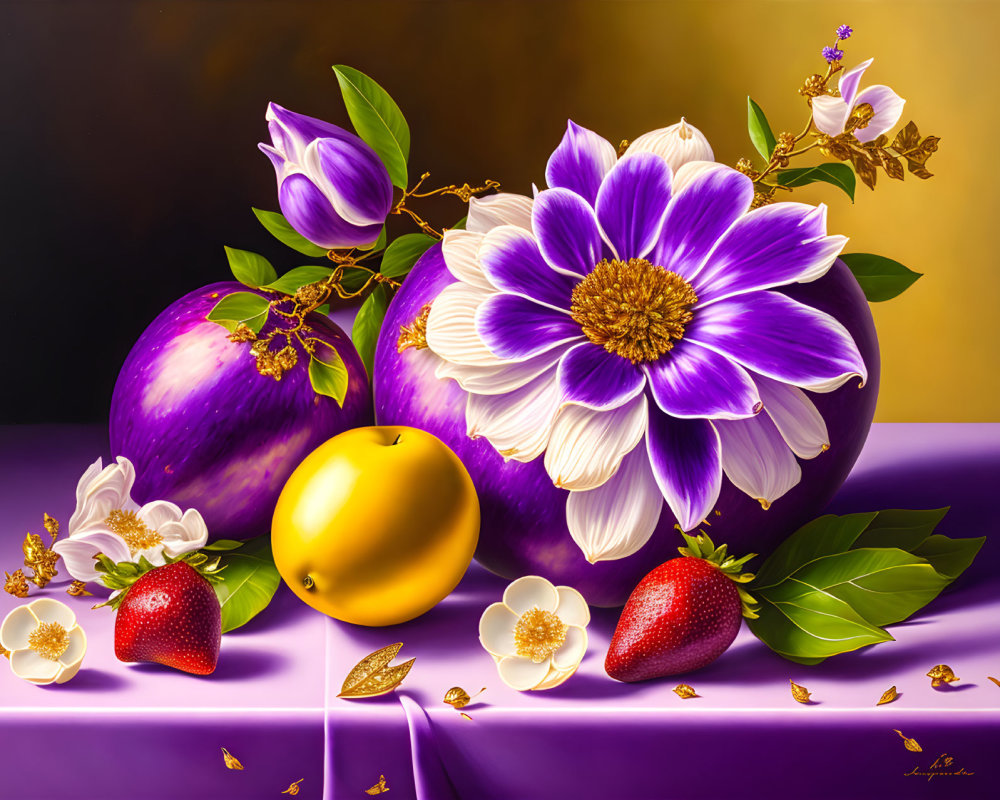 Purple and White Flower Still Life Painting with Plums and Fruit