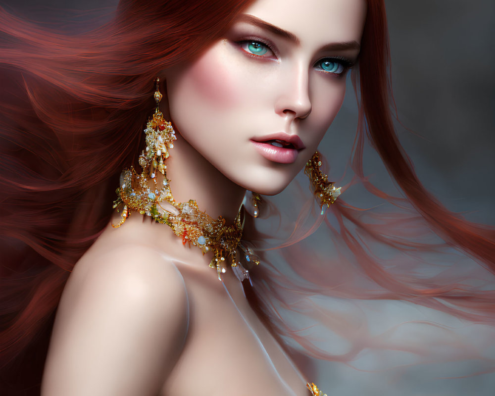 Digital portrait of woman with red hair, blue eyes, gold earrings on grey background