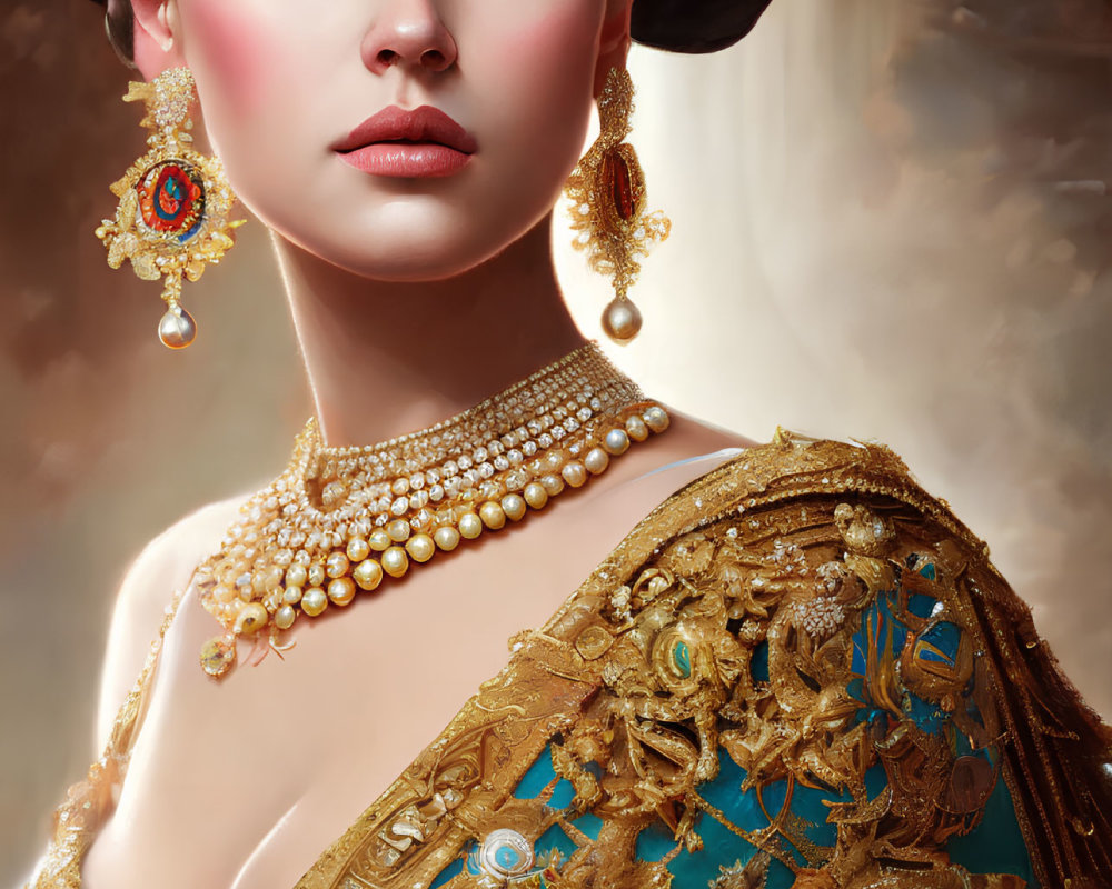 Elegant woman adorned in pearls and gold shawl