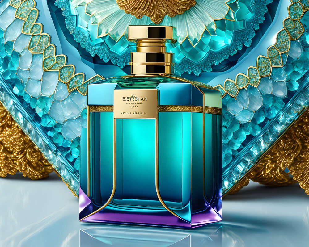 Luxurious Turquoise and Purple Gradient Perfume Bottle with Golden Accents and Elegant Branding on Orn