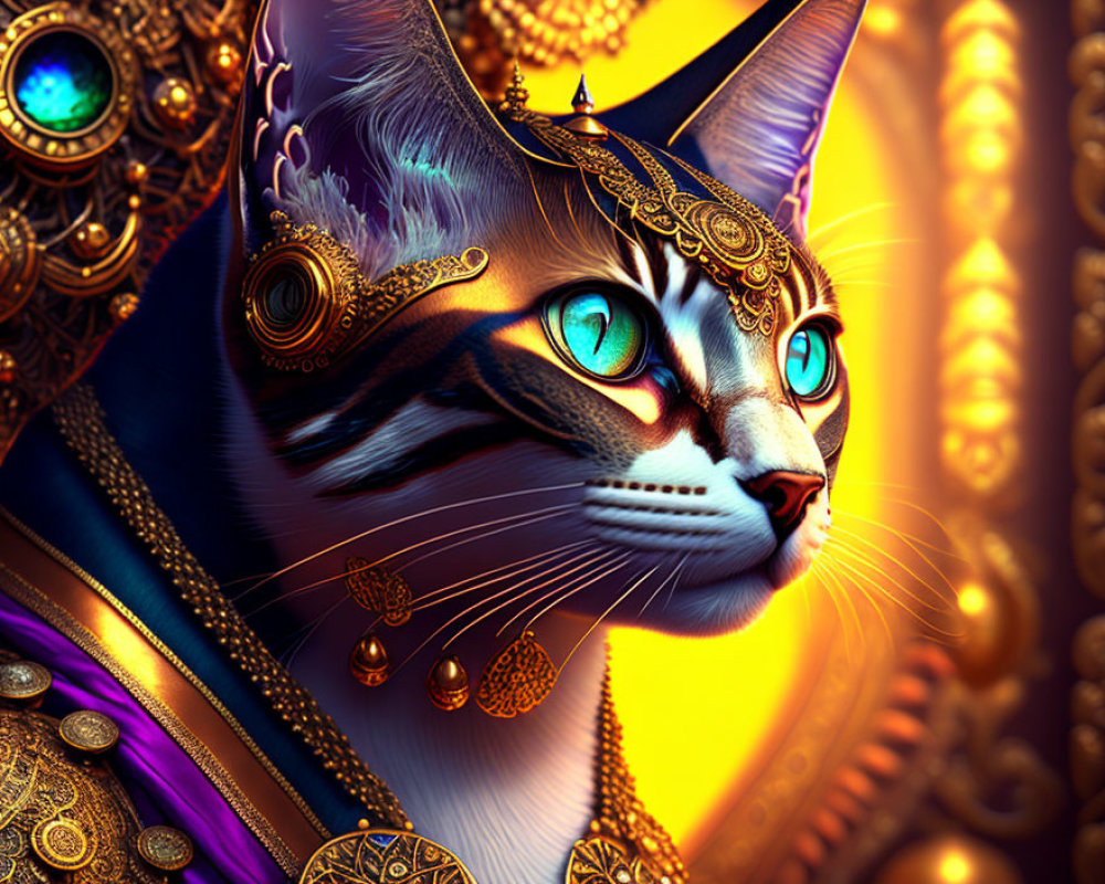 Regal cat with blue eyes in gold jewelry and purple attire