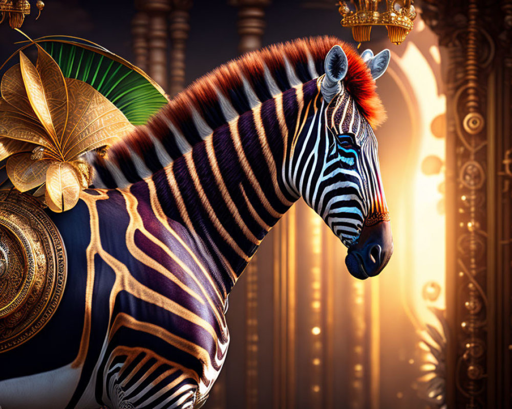Surreal image of golden adorned zebra in majestic setting