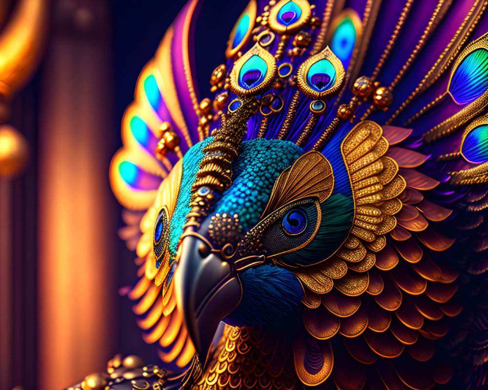 Detailed Close-Up Illustration of a Shimmering Peacock Feathers