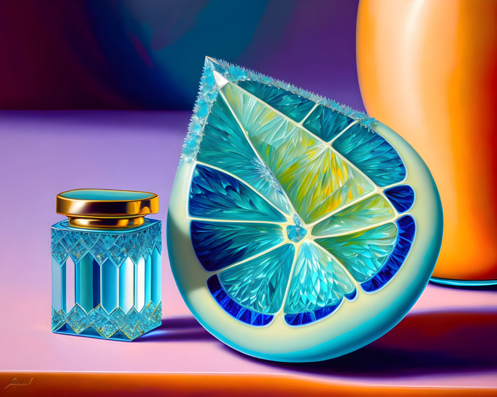Crystalized Lemon Slice and Glass Container with Golden Lid in Warm Color Background
