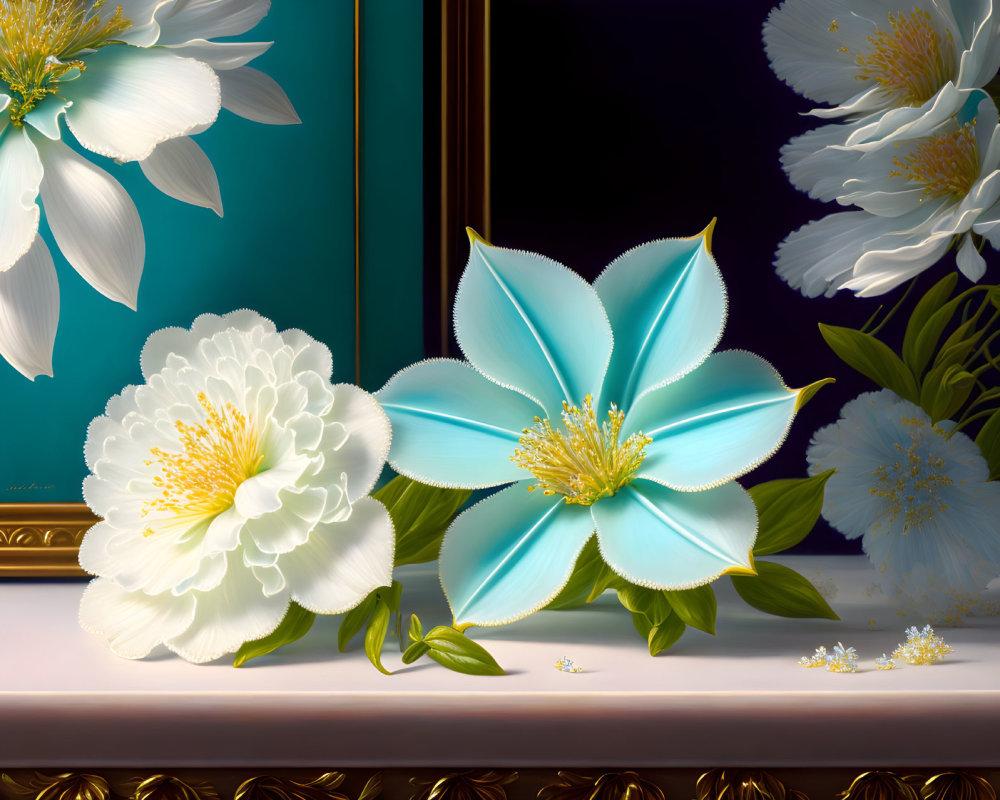 Detailed White and Blue Flowers with Gold Accents on Dark Background