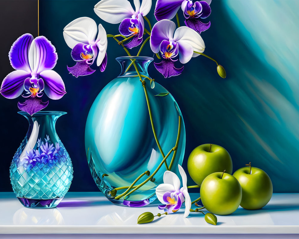 Digital Art: Purple and White Orchids in Blue Vase with Green Apples