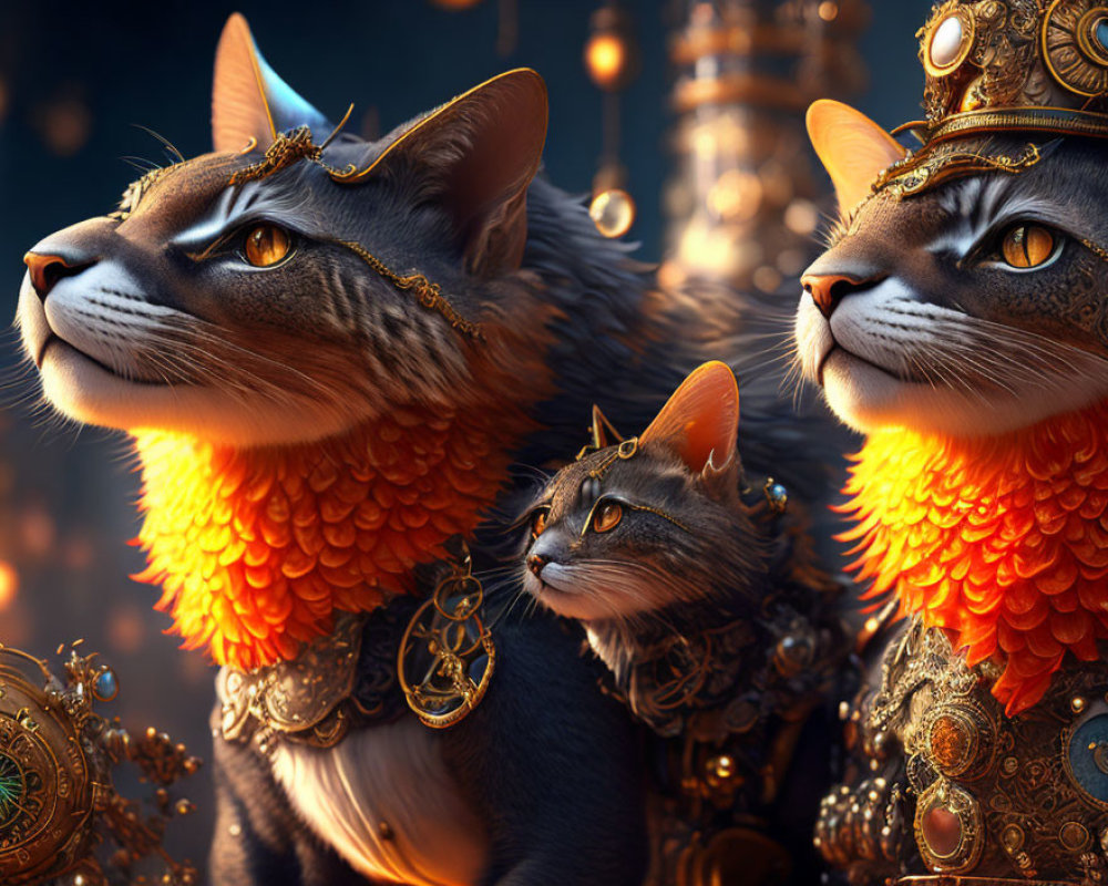 Regal cats wearing golden crowns and ruffs, surrounded by glowing spheres