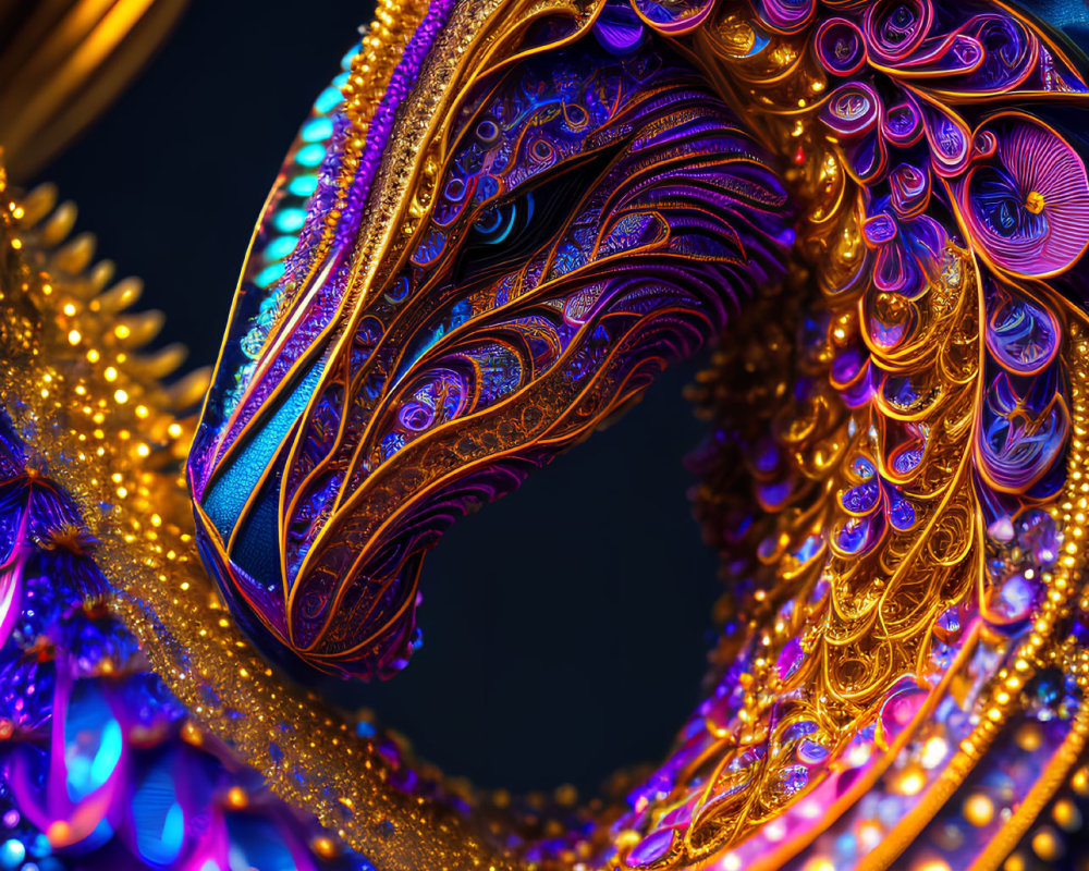 Vibrant ornate digital dragon sculpture with intricate patterns in golden and blue hues.