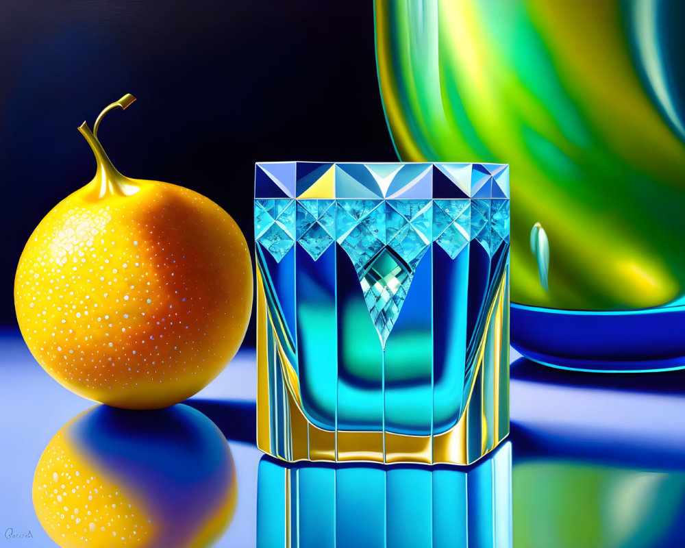 Orange Fruit and Diamond in Clear Tumbler on Reflective Surface
