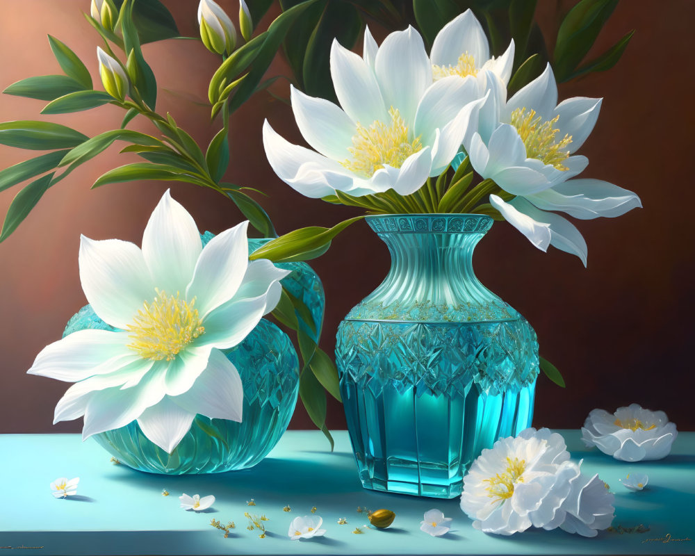 White flowers with yellow centers in blue glass vase on table