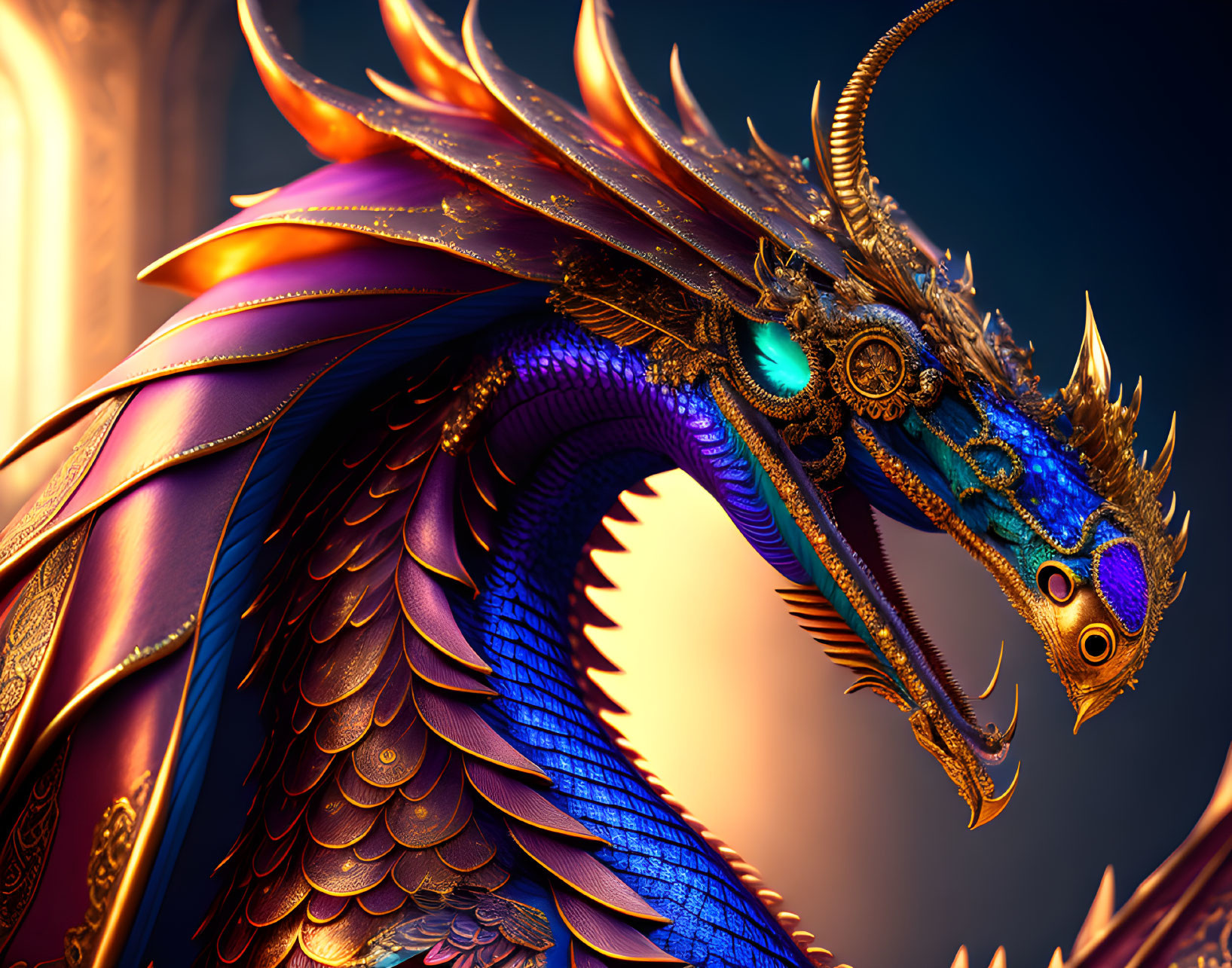 Majestic dragon with golden details, blue and purple scales, turquoise eyes