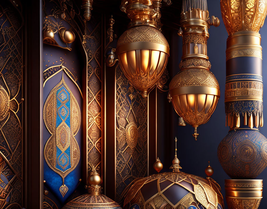 Luxurious Golden Ornamental Objects on Dark Background with Blue Designs