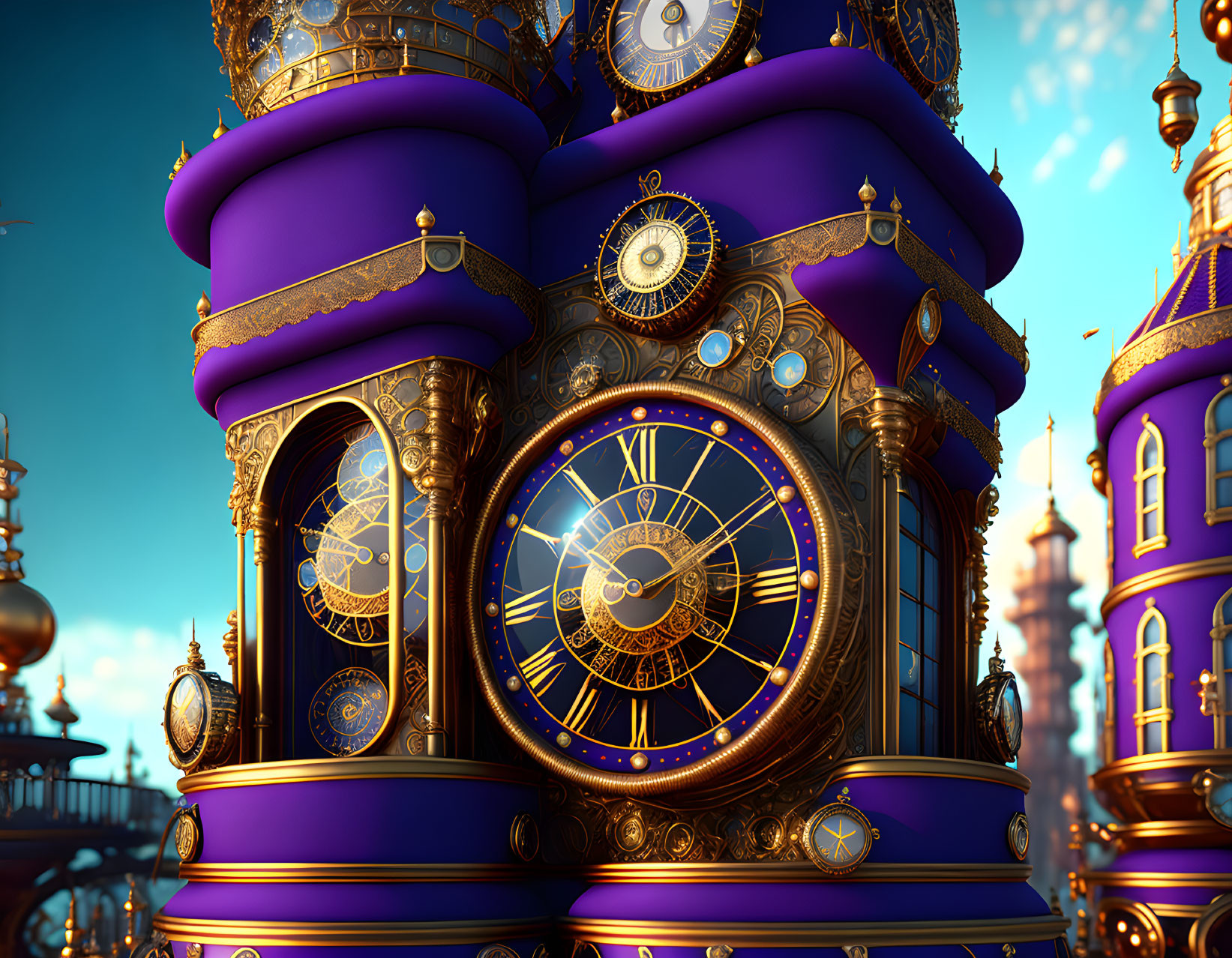 Fantasy Clock Tower with Golden Details and Purple Roofs