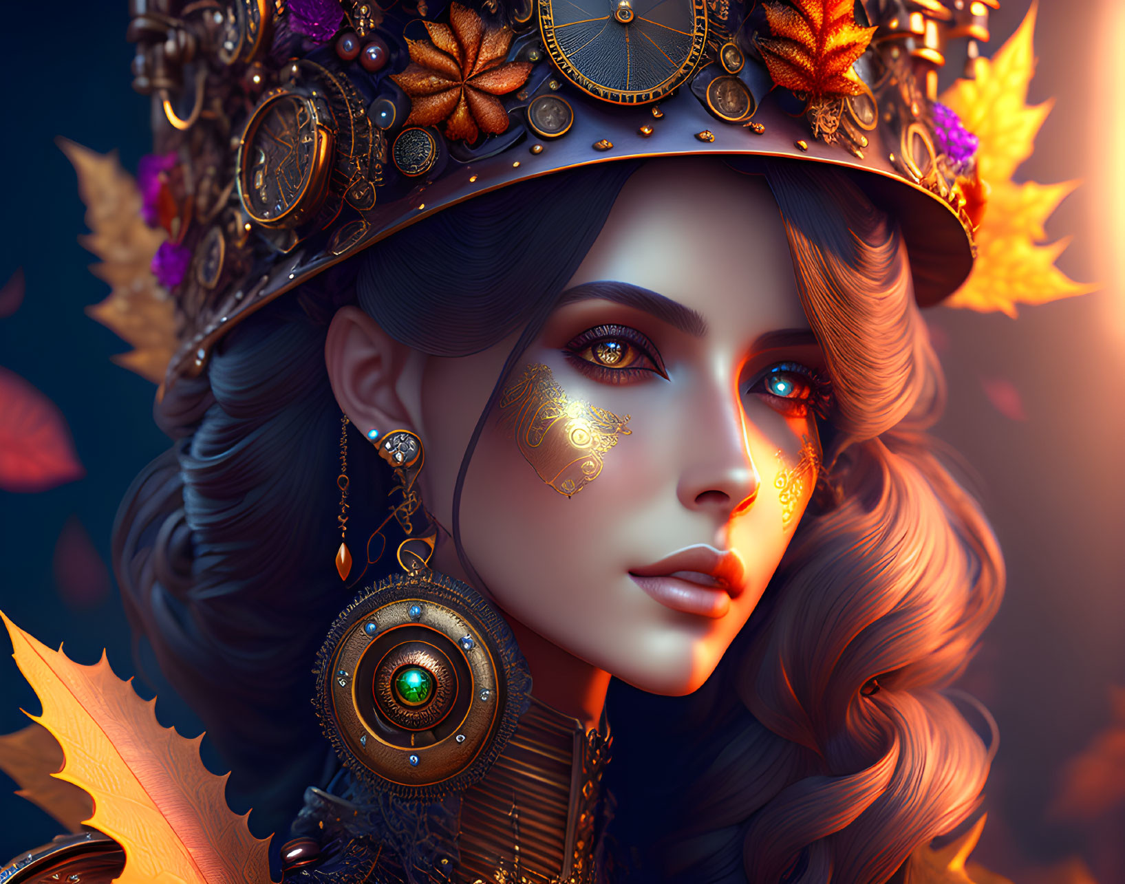 Detailed digital artwork featuring woman in ornate headgear with autumn leaves.