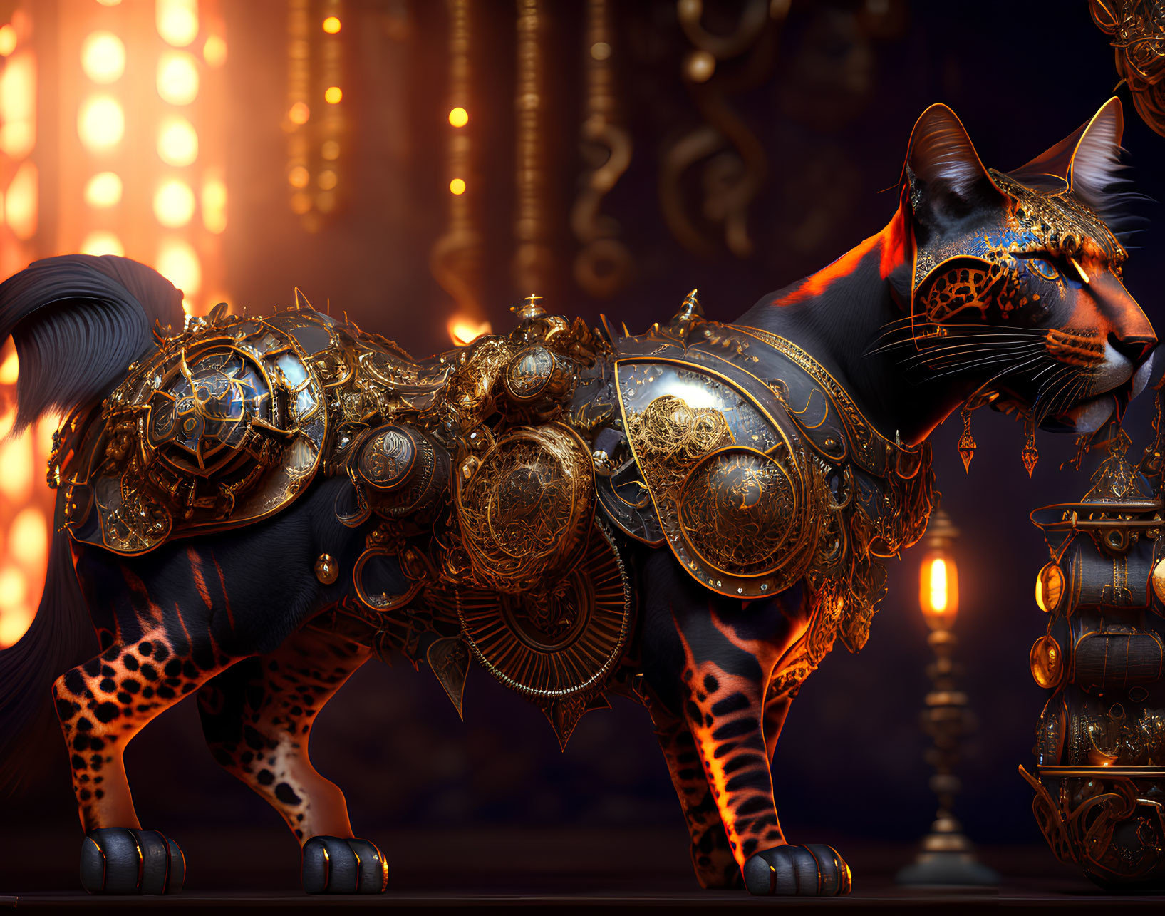Armored cat with golden metalwork in fantasy temple setting