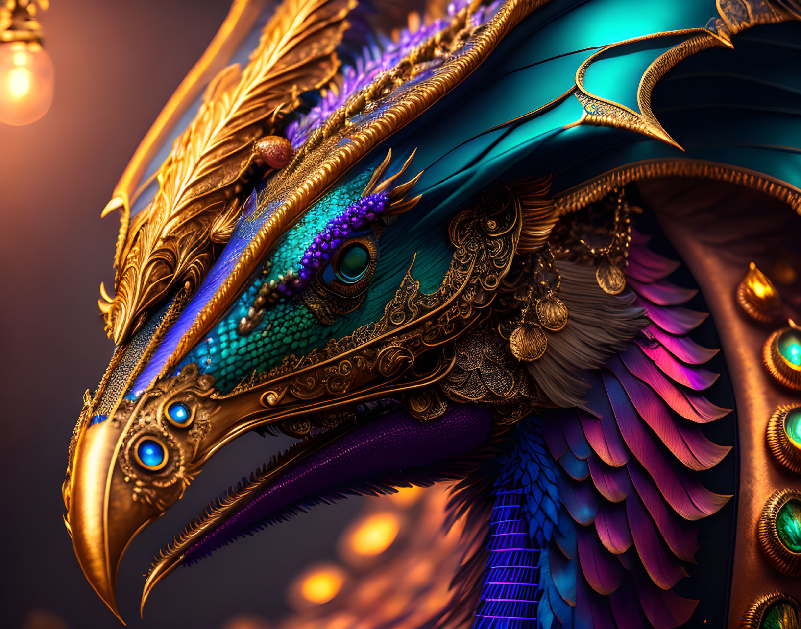 Detailed artistic rendering of a majestic, fantastical bird with vibrant peacock-like feathers and golden ornamentation