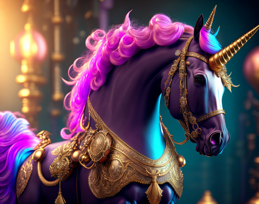 Majestic unicorn with golden horn and ornate tack amidst lantern backdrop