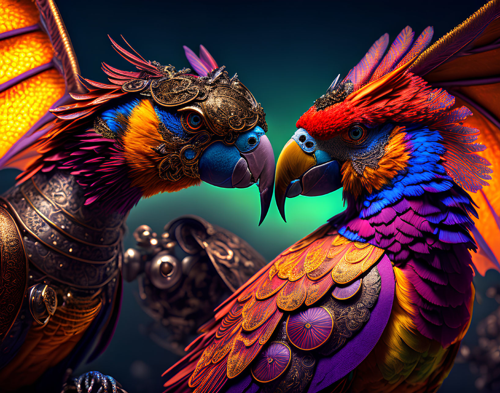 Vividly Colored Mechanical Parrots in Armor Face Off on Dark Background