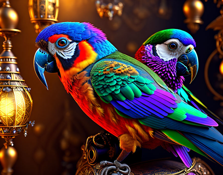 Colorful Parrots Perched Among Ornate Lanterns and Patterns