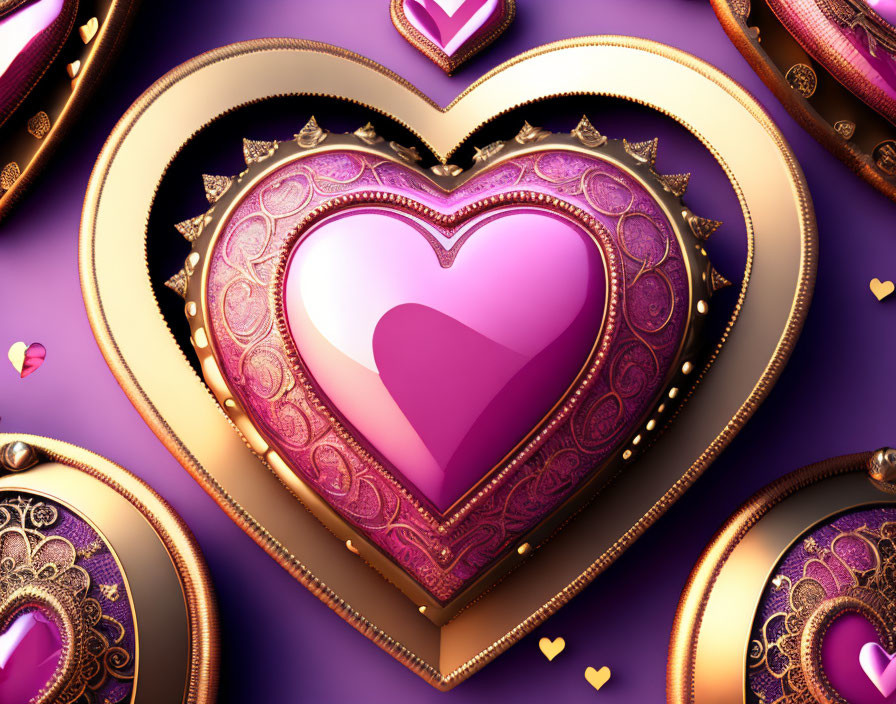 Ornate 3D pink and purple hearts with golden accents on purple background