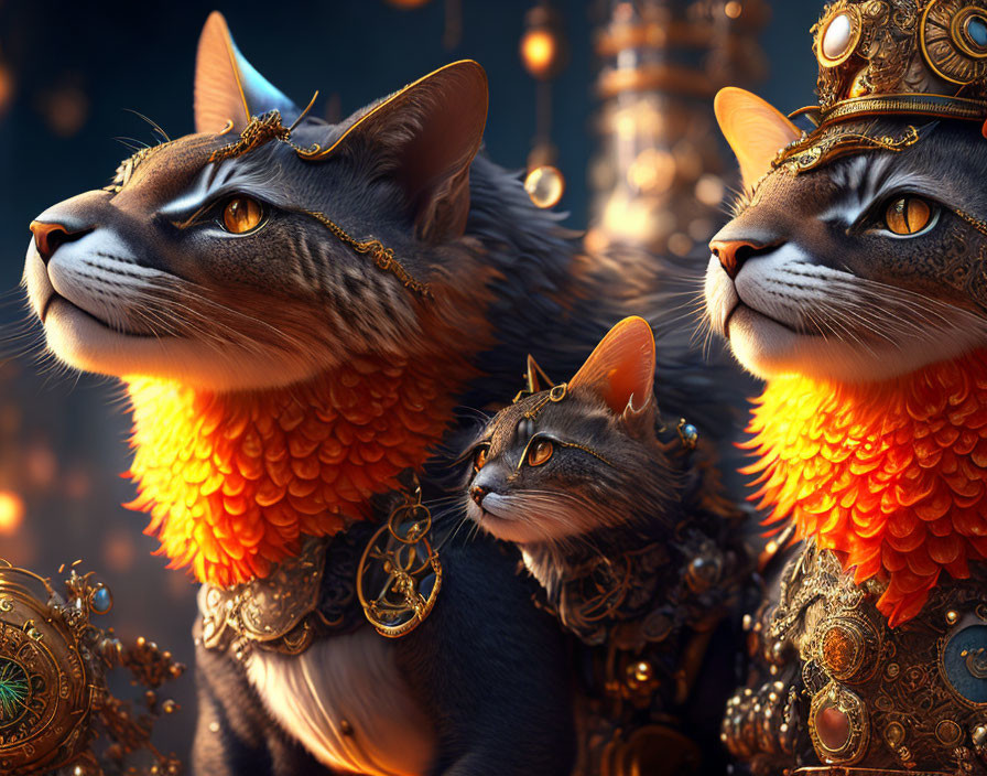 Regal cats wearing golden crowns and ruffs, surrounded by glowing spheres